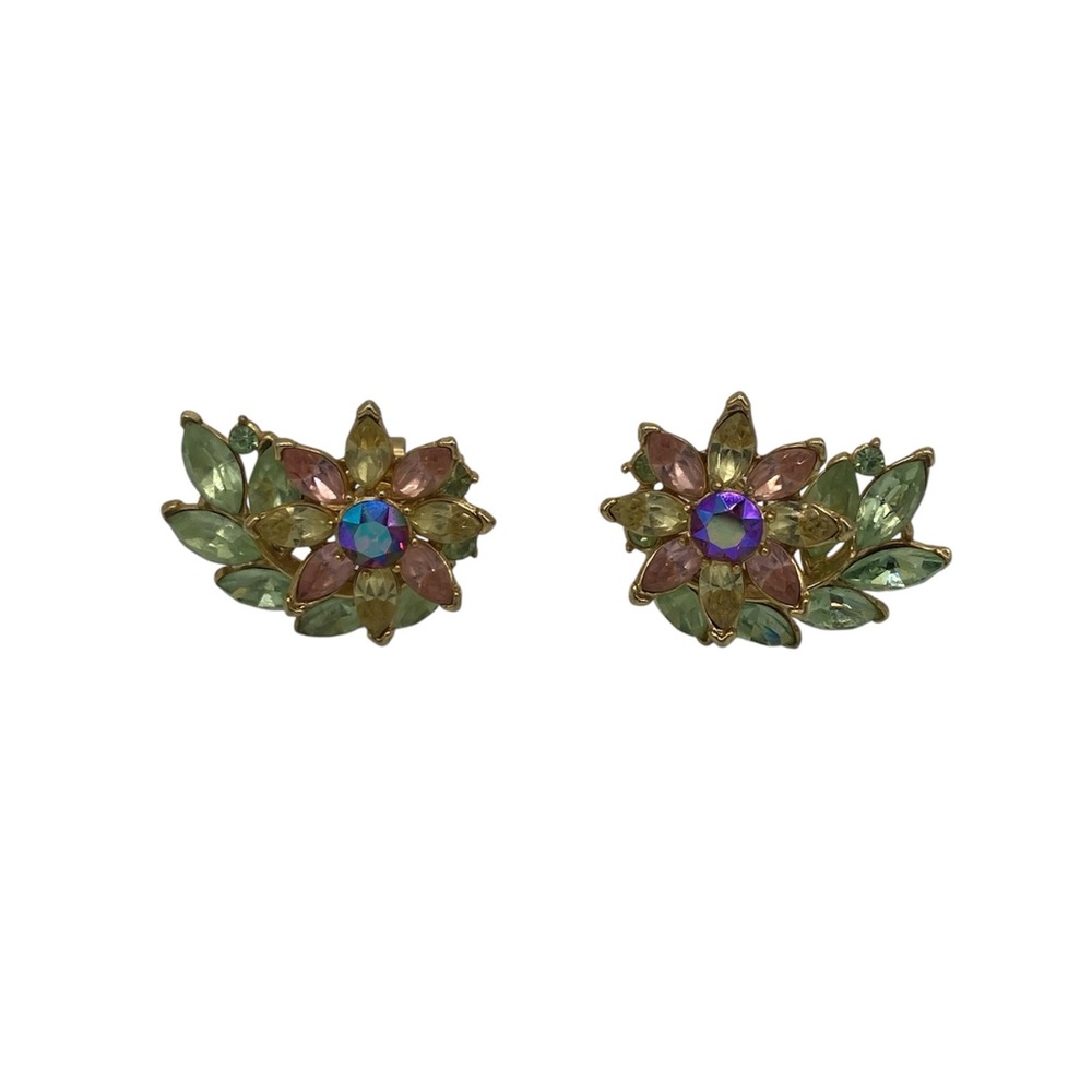 Vintage 1960s CROWN TRIFARI Rhinestones Floral Flower Spray Clip On Earrings
